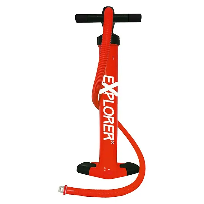 Explorer SUP-Board-Set Sunshine 10.0 - L x B x H: 305 x 81 x 15 cm, Nutzlast: 150 kg, Aufblasbar, Blau/Weiß - Rote EXPLORER-Luftpumpe mit Schlauch und Griff zum Aufpumpen von aufblasbaren Gegenständen.