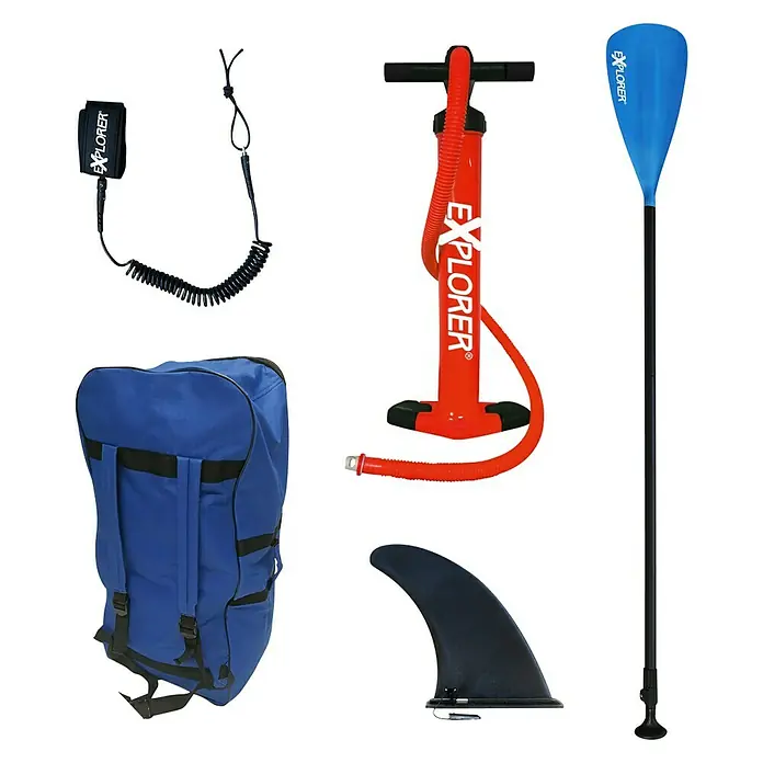 Explorer SUP-Board-Set Sunshine 10.0 - L x B x H: 305 x 81 x 15 cm, Nutzlast: 150 kg, Aufblasbar, Blau/Weiß - Produkt-Set für Stand-Up-Paddling: Paddel, Pumpe, Rucksack, Leine und Finne für ein komplettes SUP-Erlebnis.
