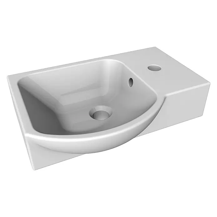 Camargue Stella K welcome Einbauwaschbecken - 45,5 x 32 cm, Links, Keramik, Weiß - Nahaufnahme eines weißen, modernen Waschtisches mit Hahnloch und Überlauf, ideal für stilvolle Badezimmer.