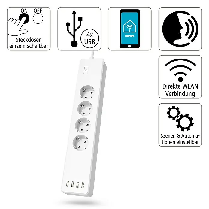 Hama Smart-Steckdosenleiste - Innen, 4-fach, Weiß, 2.300 W, 4 x USB - Eine smarte Steckdosenleiste mit vier USB-Anschlüssen, einzeln schaltbaren Steckdosen und WLAN-Verbindung für bequeme Steuerung.
