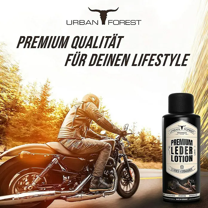 Urban Forest Premium Pflegemittel Lederlotion - 500 ml, Flasche - Werbebild für Urban Forest Premium Leder Lotion, die Leder pflegt, gezeigt mit Motorradfahrer.