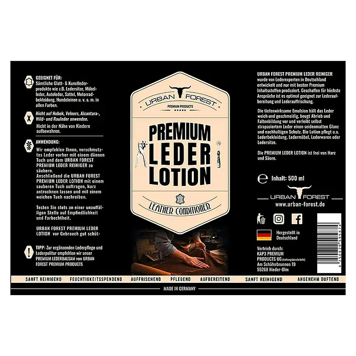 Urban Forest Premium Pflegemittel Lederlotion - 500 ml, Flasche - Produktbild: Urban Forest Premium Leder Lotion für Lederpflege und -auffrischung, ideal für Bekleidung, Möbel und Autositze.