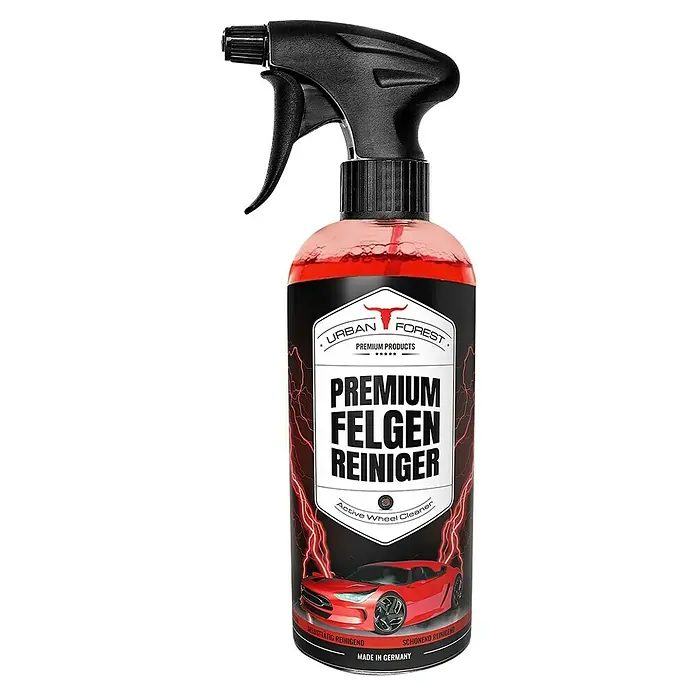 Urban Forest Premium Felgenreiniger - 1 l - Produktfoto eines Sprays "Premium Felgen Reiniger" von Urban Forest. Das Produkt ist zur Felgenreinigung gedacht und kommt in einer roten Flasche.