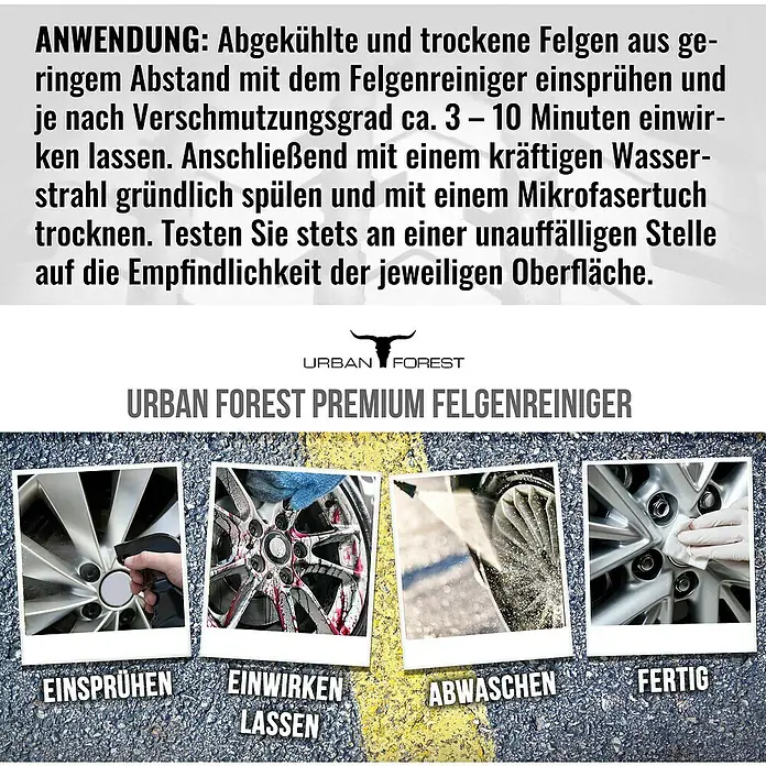 Urban Forest Premium Felgenreiniger - 1 l - Anwendung des Urban Forest Premium Felgenreinigers: Einsprühen, Einwirken lassen, Abwaschen und Fertig.