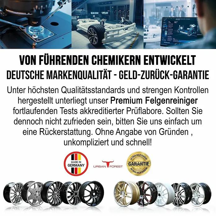 Urban Forest Premium Felgenreiniger - 1 l - Produktbild: Premium Felgenreiniger mit Geld-zurück-Garantie, entwickelt von führenden Chemikern. Deutsche Markenqualität und viele Felgen zur Auswahl.