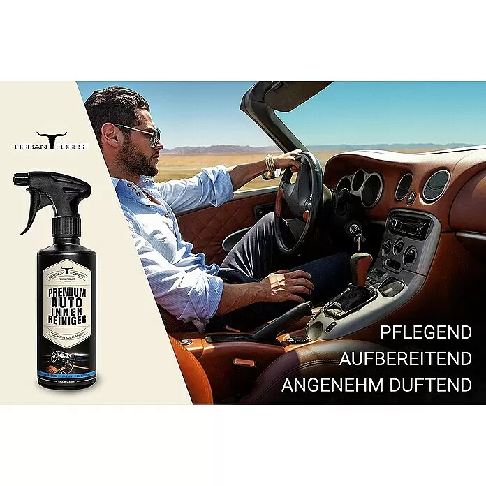 Urban Forest Premium Auto-Innenraumreiniger - 500 ml - Schwarze Sprühflasche Urban Forest Premium Auto Innen Reiniger, abgebildet mit einem Mann im Auto.
