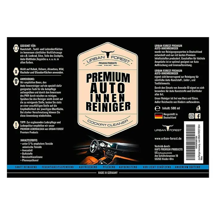 Urban Forest Premium Auto-Innenraumreiniger - 500 ml - Bild einer Sprühflasche URBAN FOREST Premium Auto-Innenreiniger für die Cockpitreinigung mit Avocadoöl.