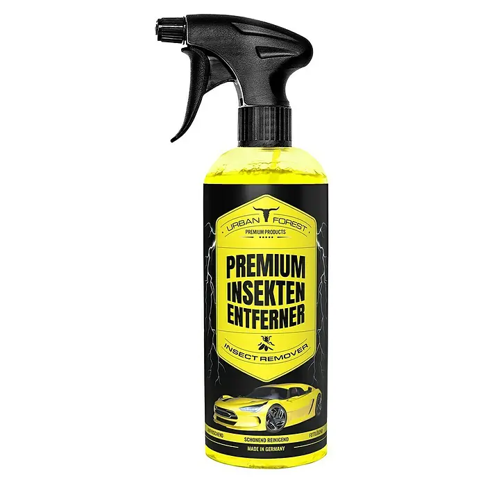 Urban Forest Premium Insektenentferner - 500 ml - Bild einer Sprühflasche Urban Forest Premium Insektenentferner mit gelber Flüssigkeit und schwarzem Sprühkopf.