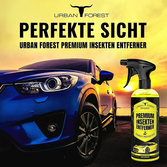 Urban Forest Premium Insektenentferner - 500 ml - Werbebild für "Urban Forest Premium Insekten Entferner" mit Auto und Produktflasche vor Sonnenuntergang.