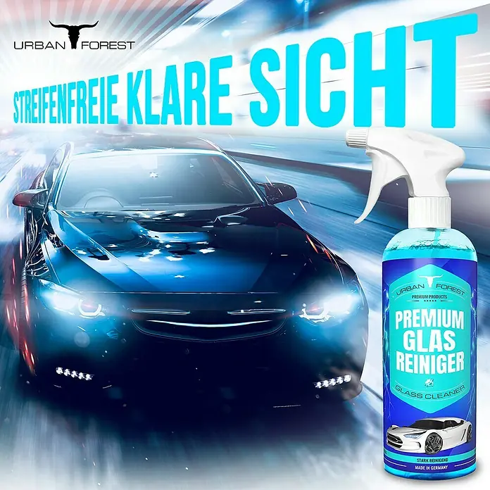 Urban Forest Premium Scheibenreiniger - 500 ml - Produktbild: Premium Glasreiniger von Urban Forest für streifenfreie, klare Sicht auf Autoscheiben, hergestellt in Deutschland.