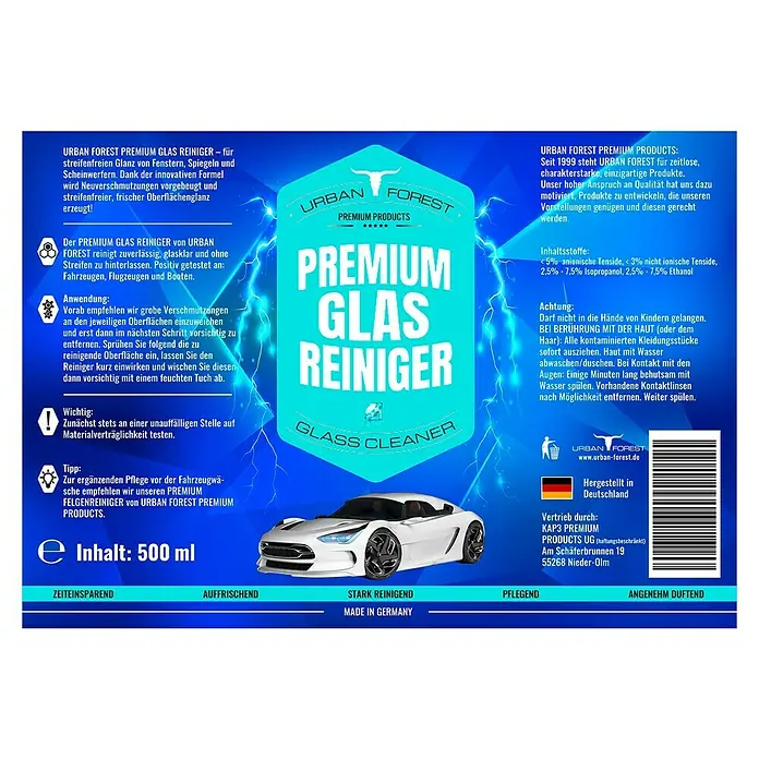 Urban Forest Premium Scheibenreiniger - 500 ml - Urban Forest Premium Glasreiniger für streifenfreien Glanz. Reinigt Fenster, Spiegel und Scheinwerfer zuverlässig und sorgt für frischen Glanz.