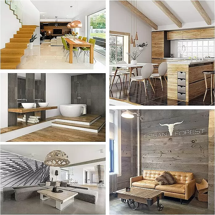 Urban Forest Premium Möbelwachs - 250 ml - Eine Collage aus sechs verschiedenen Innenarchitektur-Szenen mit unterschiedlichen Boden-, Wand- und Möbelstilen in modernen und rustikalen Umgebungen.