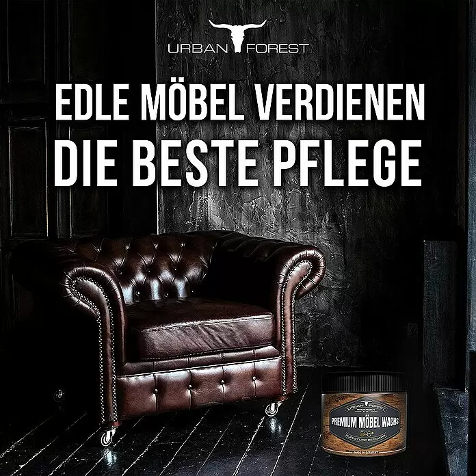 Urban Forest Premium Möbelwachs - 250 ml - Dose Urban Forest Premium Möbelwachs neben einem luxuriösen braunen Ledersessel.