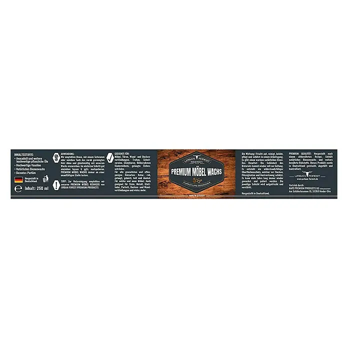Urban Forest Premium Möbelwachs - 250 ml - Etikett von URBAN FOREST Premium Möbelwachs, hergestellt in Deutschland. Enthält natürliche Inhaltsstoffe für die Möbelpflege.