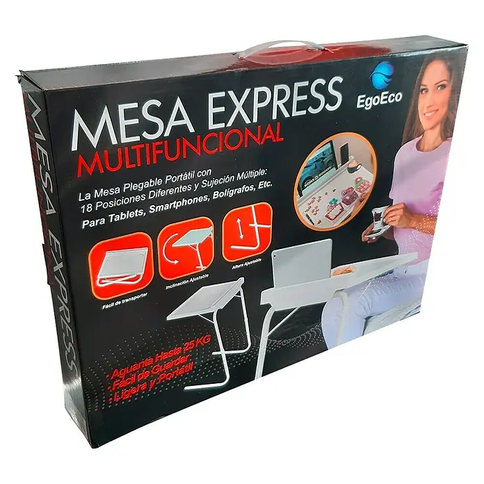 Mesa auxiliar Table Express - L x An x Al: 40 x 52 x 77 cm, Blanco - Embalaje de una mesa plegable multifuncional "Mesa Express", etiquetada como "EgoEco", con una mujer usándola.