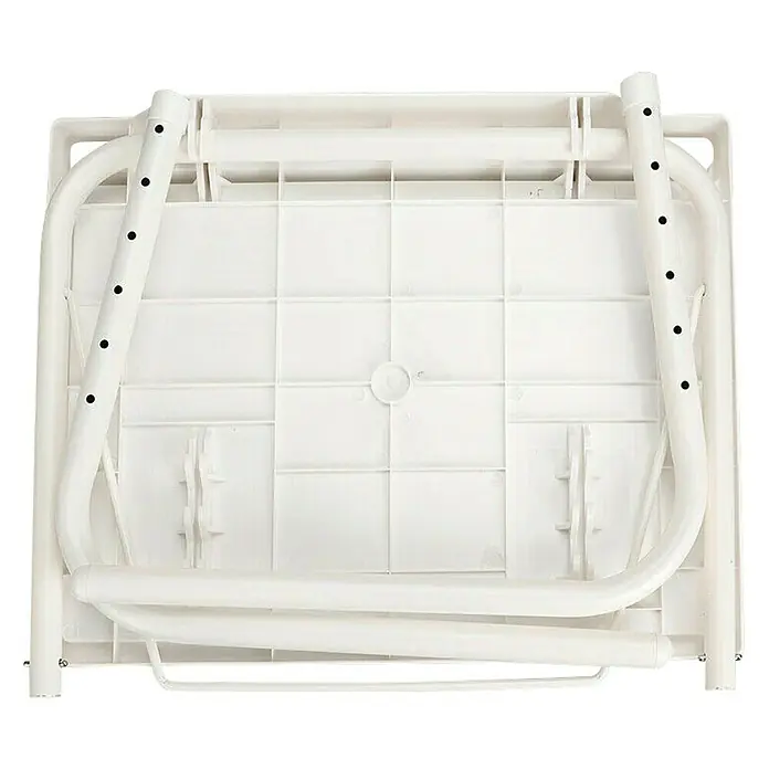 Mesa auxiliar Table Express - L x An x Al: 40 x 52 x 77 cm, Blanco - Vista del producto de un soporte de bañera blanco plegado con patas ajustables y diseño compacto.