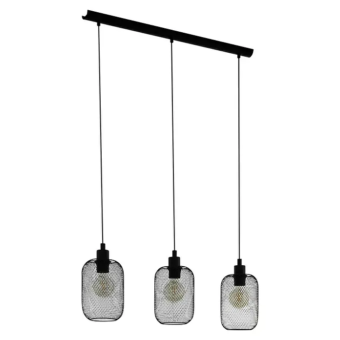 Eglo Wrington Pendelleuchte - 60 W, L x B x H: 74 x 15 x 11 cm, Schwarz, E27 - Modernes dreiflammiges Hängelampen-Design mit schwarzen Metallschirmen und einem schlanken, linearen Aufhänger für stilvolle Beleuchtung.