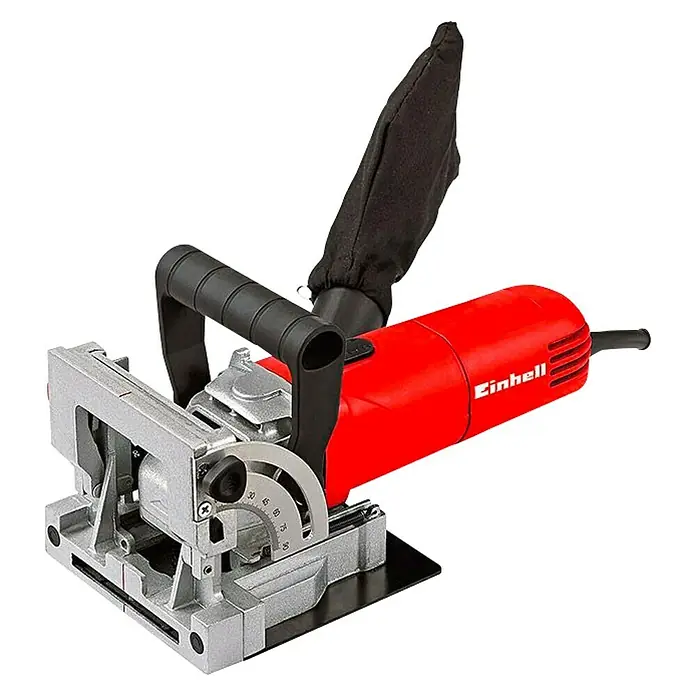 Einhell Engalletadora TC-BJ900 - 860 W, Profundidad de fresado: 14 mm - Fresadora de ranuras Einhell con cuerpo rojo, mango negro y bolsa de polvo, ideal para trabajos de madera precisos.