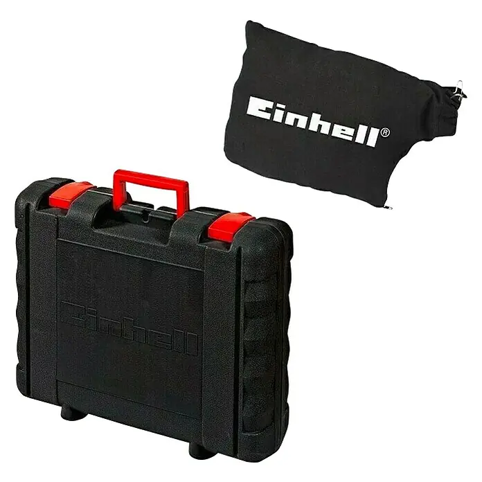 Einhell Engalletadora TC-BJ900 - 860 W, Profundidad de fresado: 14 mm - Maletín de herramientas Einhell negro con asa roja y bolsa negra con el logo de Einhell.