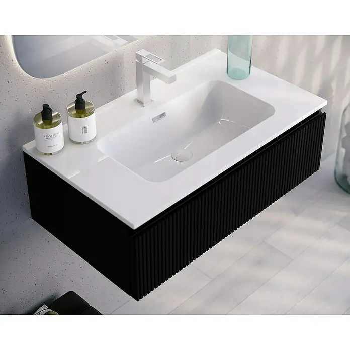 Lavabo Spectra - 81 x 46 cm, Orificios para grifo: Medio, Con desbordamiento, Blanco - Lavabo de baño moderno con mueble negro y lavabo blanco. Diseño contemporáneo para baños elegantes.