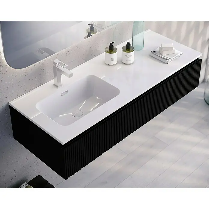 Lavabo Spectra seno izquierda - 121 x 46 cm, Orificios para grifo: Medio, Con desbordamiento, Blanco - Elegante lavabo de baño con encimera blanca y mueble negro. Un diseño elegante y moderno para realzar tu baño.