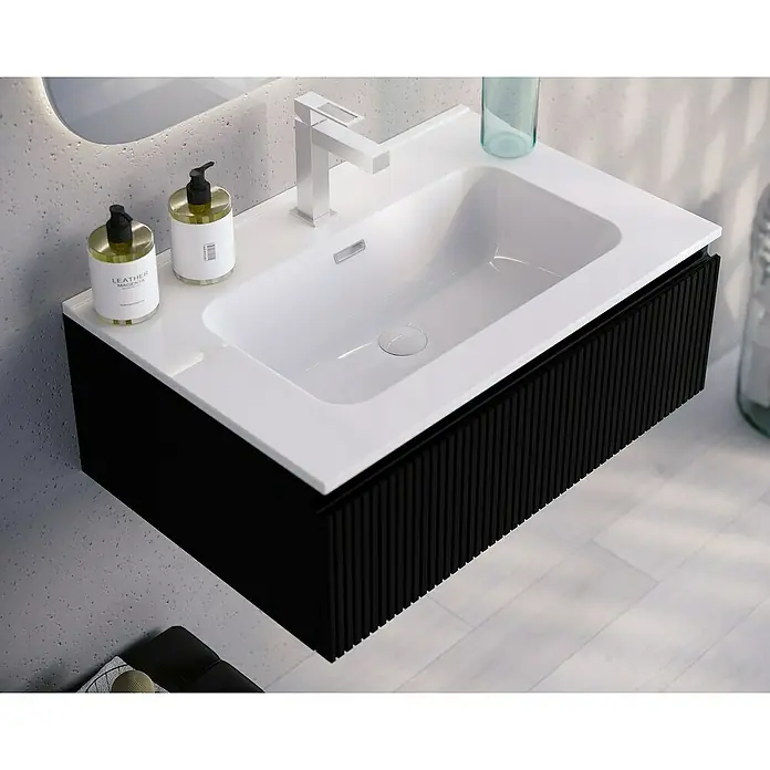 Lavabo Spectra - 71 x 46 cm, Orificios para grifo: Medio, Con desbordamiento, Blanco - Elegante lavabo de baño con mueble negro y grifo, perfecto para diseños de baño modernos.