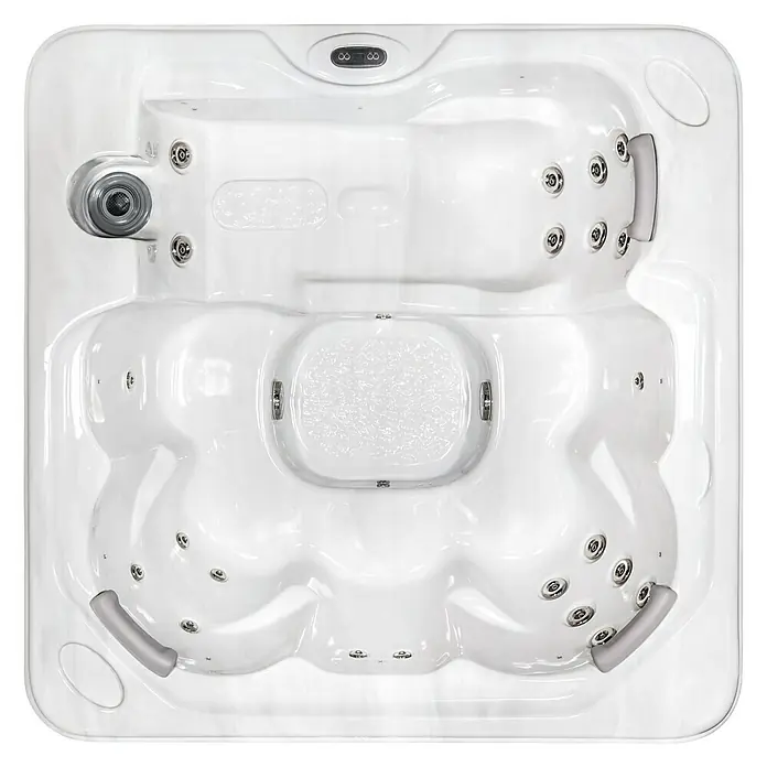 Camargue Außen-Whirlpool Emotion - 213 x 213 x 87 cm, Grau/Weiß, Max. Personenzahl: 6 - Ein luxuriöser Whirlpool in Weiß mit mehreren Sitzen und Düsen für Entspannung und Wellness.
