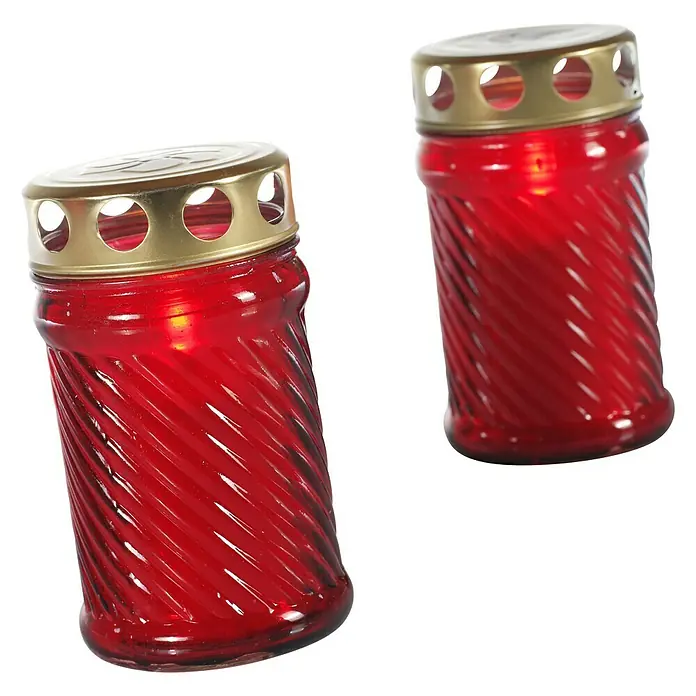 Grablicht Iglesia A - Rot, Ø x H: 7 x 12,5 cm - Zwei rote Grablichter mit goldenen Deckeln. Die Lichter sind aus Glas und haben ein spiralförmiges Design, ideal für Gedenkstätten.