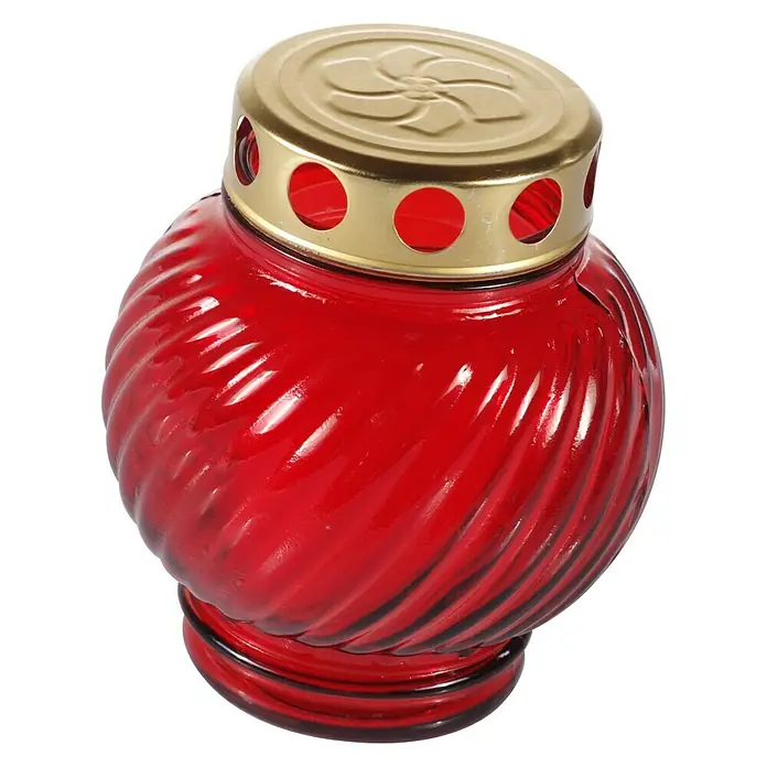 Grablicht Iglesia C - Rot, Ø x H: 10,5 x 13 cm - Rote Grabkerze mit goldenem Deckel und Blumenmuster. Die Kerze hat ein spiralförmiges Muster im Glas.