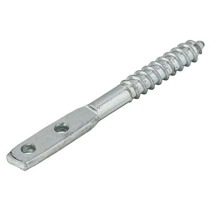 Stabilit Flechtzaunhalter - L x B x H: 85 x 45 x 15 mm - Nahaufnahme einer silbrig glänzenden Schraube mit zwei Löchern zur Befestigung, ideal für robuste Konstruktionen und sichere Verbindungen.