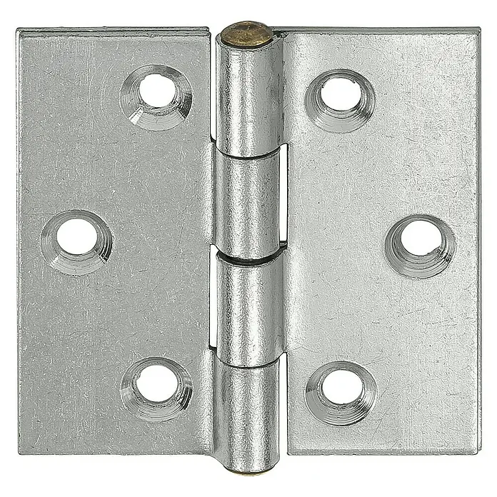 Stabilit Schlosserscharnier - L x B: 60 x 60 mm, Material: Stahl - Nahaufnahme eines glänzenden, silberfarbenen Türscharniers mit abgerundeten Ecken und sechs Befestigungslöchern.