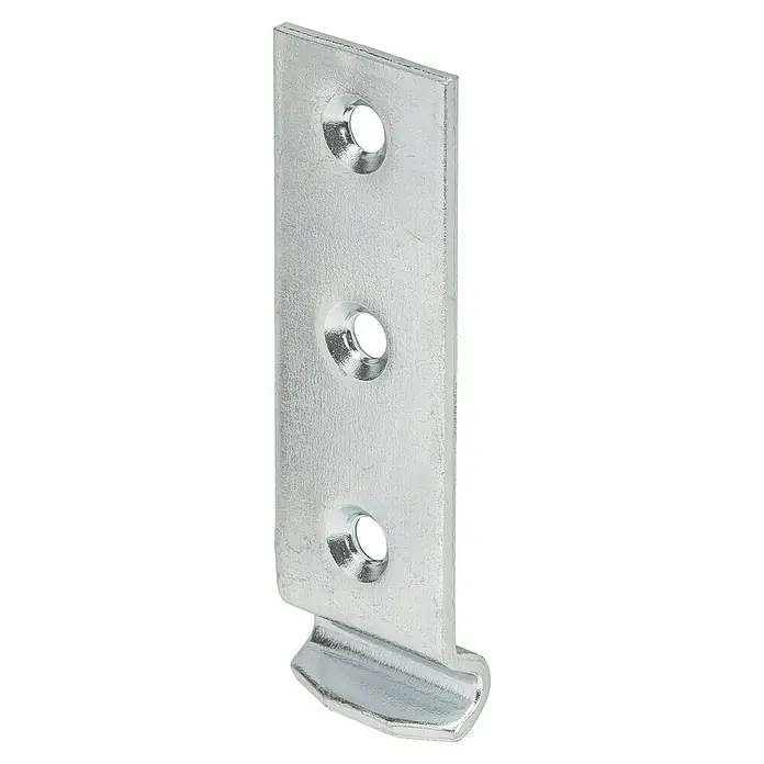 Stabilit Schließhaken - B x L: 25 x 83 mm, Verzinkt - Nahaufnahme einer verzinkten Metallwinkelplatte mit drei Löchern und einem Haken, die zur Befestigung oder Aufhängung von Objekten dient.