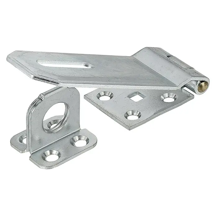 Stabilit Sicherheitsüberfalle - 200 x 50 mm, Verzinkt - Nahaufnahme eines silberfarbenen, verzinkten Riegelsatzes mit Befestigungslöchern und ovalem Schlitz für zusätzliche Sicherheit.