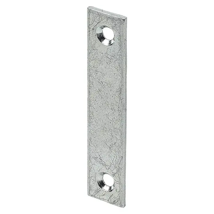 Stabilit Verbindungsblech - 50 x 15 mm, Stärke: 2 mm - Eine längliche, silberfarbene Metallplatte mit zwei Löchern. Ideal für Verbindungen.