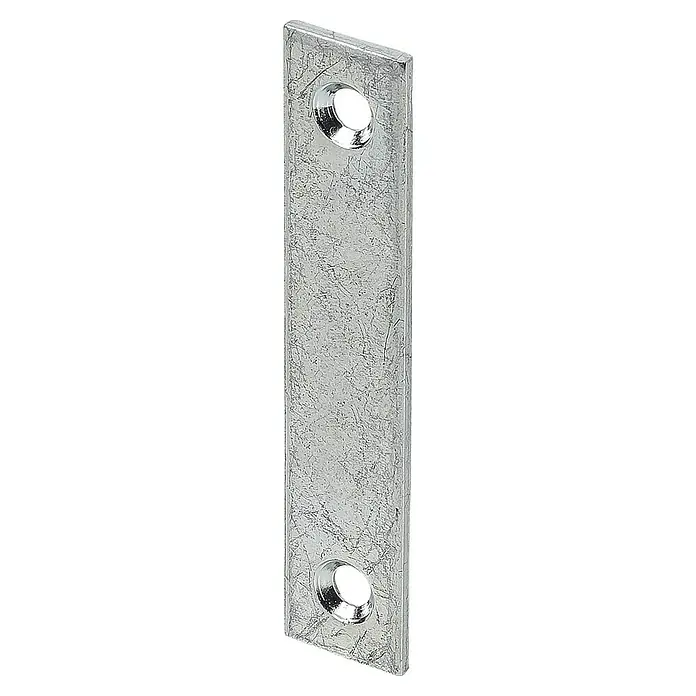Stabilit Verbindungsblech - 60 x 15 mm, Stärke: 2 mm - Nahaufnahme einer rechteckigen, silbernen Metallplatte mit zwei Löchern. Ideal für verschiedene Bau- und Reparaturprojekte.