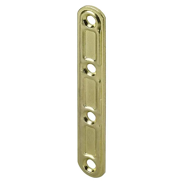 Stabilit Flachverbinder - L x B: 100 x 15 mm, Sonstige - Detailaufnahme einer goldfarbenen Möbelverbindungsplatte mit vier Löchern und rechteckigen Aussparungen für eine stabile Montage.