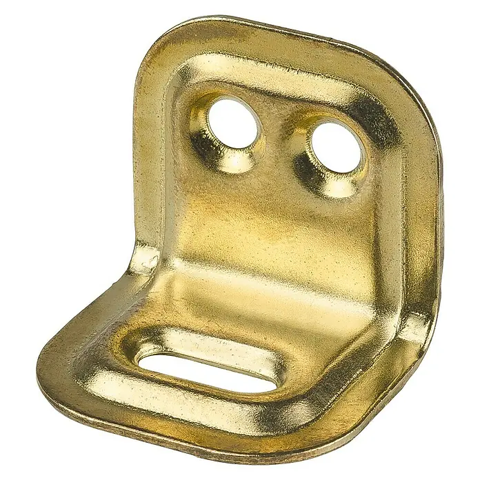 Stabilit Regalwinkel - L x B x H: 25 x 30 x 40 mm, Vermessingt - Nahaufnahme einer goldenen Winkelverbindung mit abgerundeten Kanten und Befestigungslöchern auf schwarzem Hintergrund.