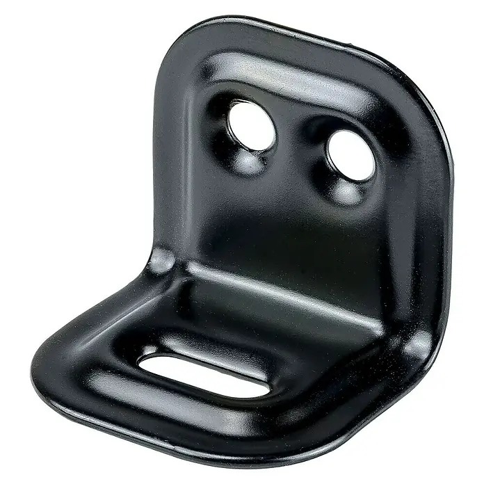 Stabilit Regalwinkel - L x B x H: 25 x 30 x 40 mm, Schwarz - Schwarzer Winkelverbinder aus Metall mit zwei Löchern und einer Schlitzöffnung für stabile Verbindungen und Befestigungen.