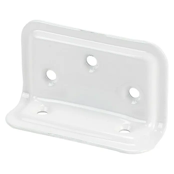 Stabilit Regalwinkel - L x B x H: 40 x 25 x 70 mm, Weiß - Nahaufnahme einer glänzend weißen Winkelstütze mit Befestigungslöchern vor einem schwarzen Hintergrund.