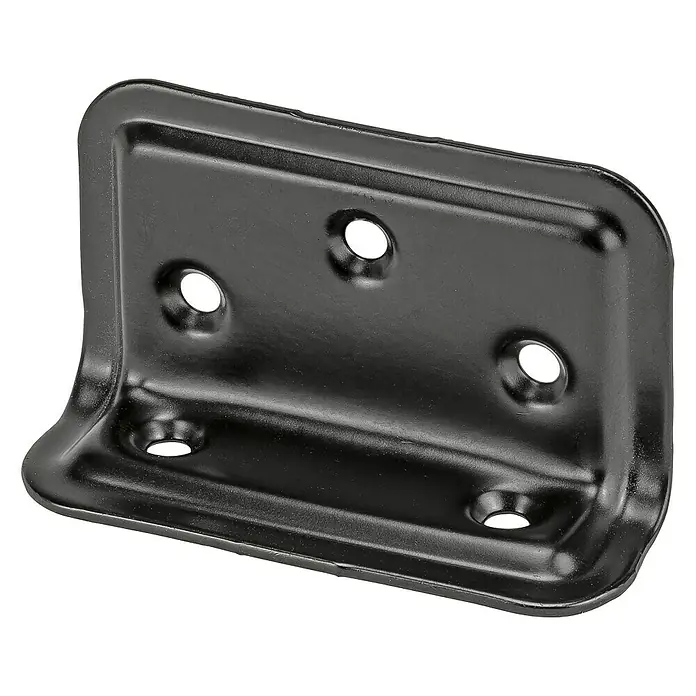 Stabilit Regalwinkel - L x B x H: 40 x 25 x 70 mm, Schwarz - Eine schwarze, rechteckige Winkelplatte aus Metall mit sechs Löchern zur Befestigung.