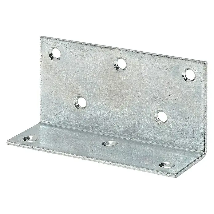 Stabilit Breitwinkel verzinkt - L x B: 75 x 40 mm, Stahl - Ein verzinkter, rechtwinkliger Winkelverbinder mit mehreren Löchern für Schrauben, ideal zur stabilen Verbindung von Bauteilen.