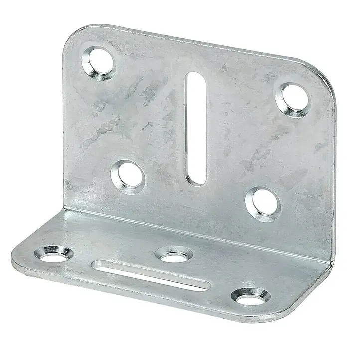 Stabilit Verstellwinkel - L x B x H: 70 x 35 x 50 mm, Silber - Winkelverbinder aus verzinktem Stahl mit Löchern und Langlöchern für Schrauben zur Befestigung.