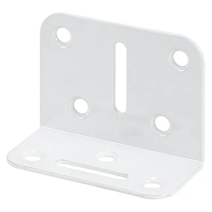 Stabilit Verstellwinkel - L x B x H: 70 x 35 x 50 mm, Weiß - Weißer Montagewinkel aus Metall mit runden und länglichen Löchern zur Befestigung. Vielseitig einsetzbar für Möbel und Konstruktionen.