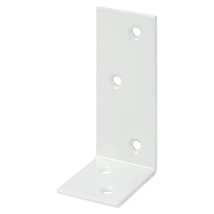 Stabilit Balkenwinkel - L x B x H: 80 x 40 x 30 mm, Stahl, Weiß - Ein weißer Winkelverbinder mit Löchern zur Befestigung. Ideal für Regale und andere DIY-Projekte.