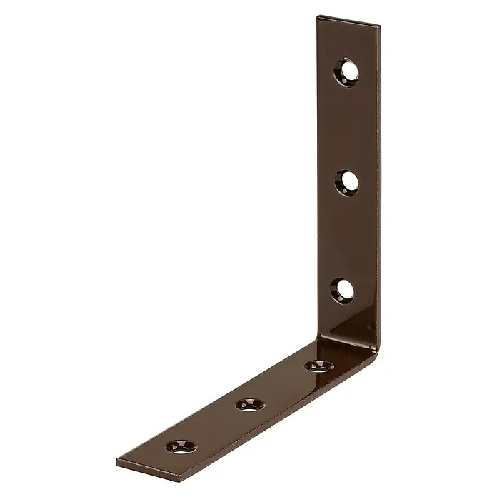 Stabilit Stuhlwinkel - L x B: 100 x 20 mm, Braun - Nahaufnahme einer braunen Winkelhalterung mit Löchern für Schrauben, die zur Befestigung von Regalen oder anderen Strukturen verwendet wird.
