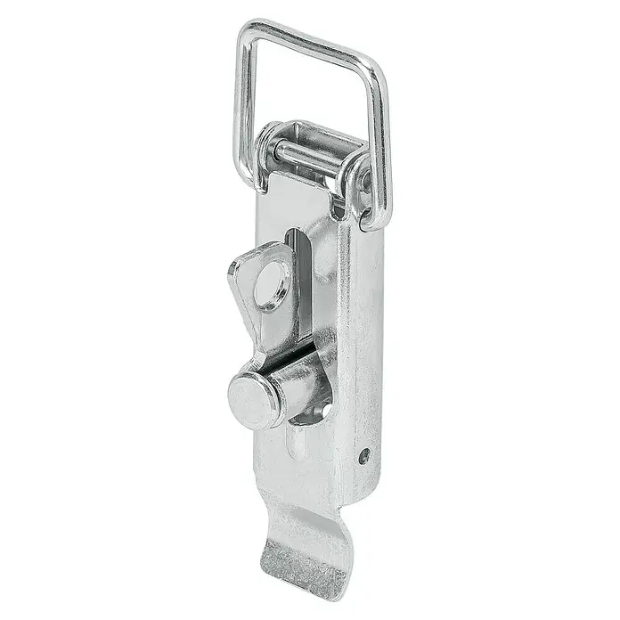 Vormann Schnellverschluss - L x B: 110 x 37 mm, Stahl, Verzinkt - Detailaufnahme eines Kniehebelverschlusses aus Metall, der für sicheren Halt sorgt und robust verarbeitet ist.