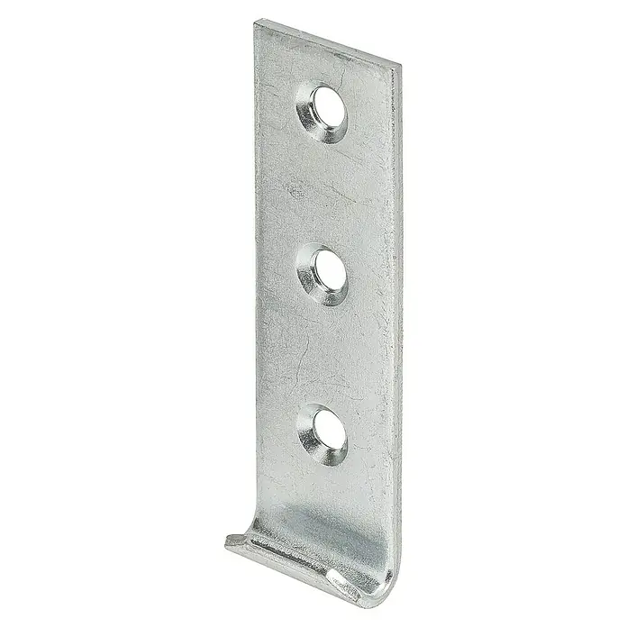 Vormann Schließhaken - B x L: 25 x 83 mm, Verzinkt - Ein robustes, silberfarbenes Metallstück mit drei präzise gefertigten Löchern, ideal für stabile Verbindungen in Konstruktionen.