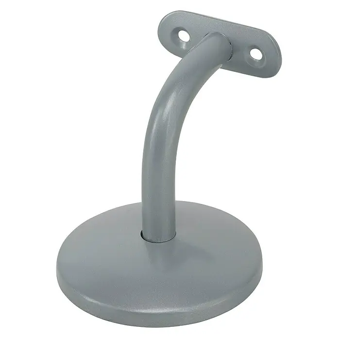 Vormann Handlaufstütze - Aluminium, Grau - Nahaufnahme einer grauen Treppengeländerhalterung mit rundem Sockel und Befestigungsplatte auf schwarzem Hintergrund.