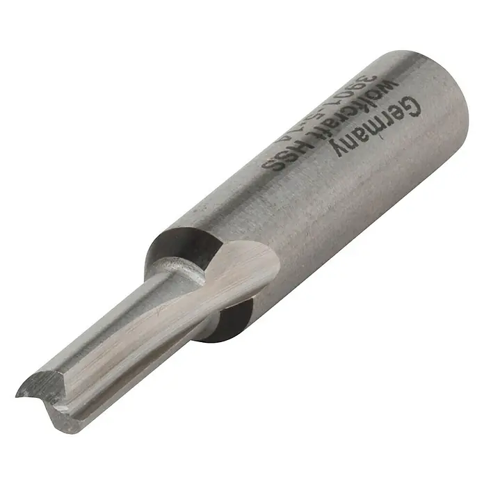 Wolfcraft Nutfräser - Nutbreite: 5 mm, Durchmesser Schaft: 8 mm, HS-Stahl - Nahaufnahme eines Holzbearbeitungsfräsers von Wolfcraft HSS aus Deutschland, ideal zum Nuten und Falzen.