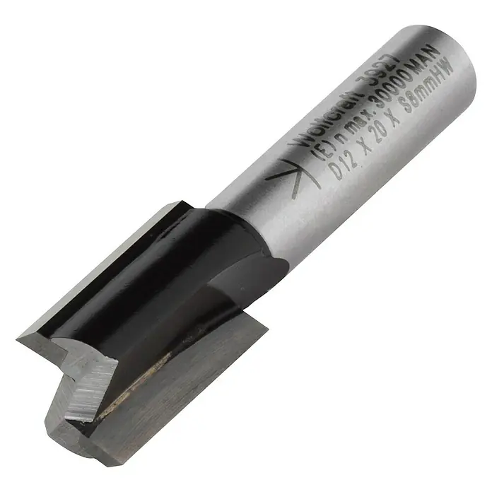 Wolfcraft Nutfräser - Nutbreite: 12 mm, Durchmesser Schaft: 8 mm - Detailaufnahme eines Wolfcraft Nutfräsers (Modell 3927) mit einer maximalen Drehzahl von 30000 U/min und den Abmessungen D12 x 20 x S8mmHW.